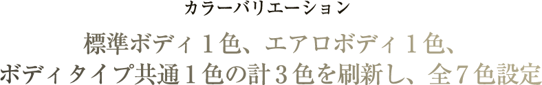 カラーバリエーション 標準ボディ1色、エアロボディ1色、ボディタイプ共通1色の計3色を刷新し、全7色設定